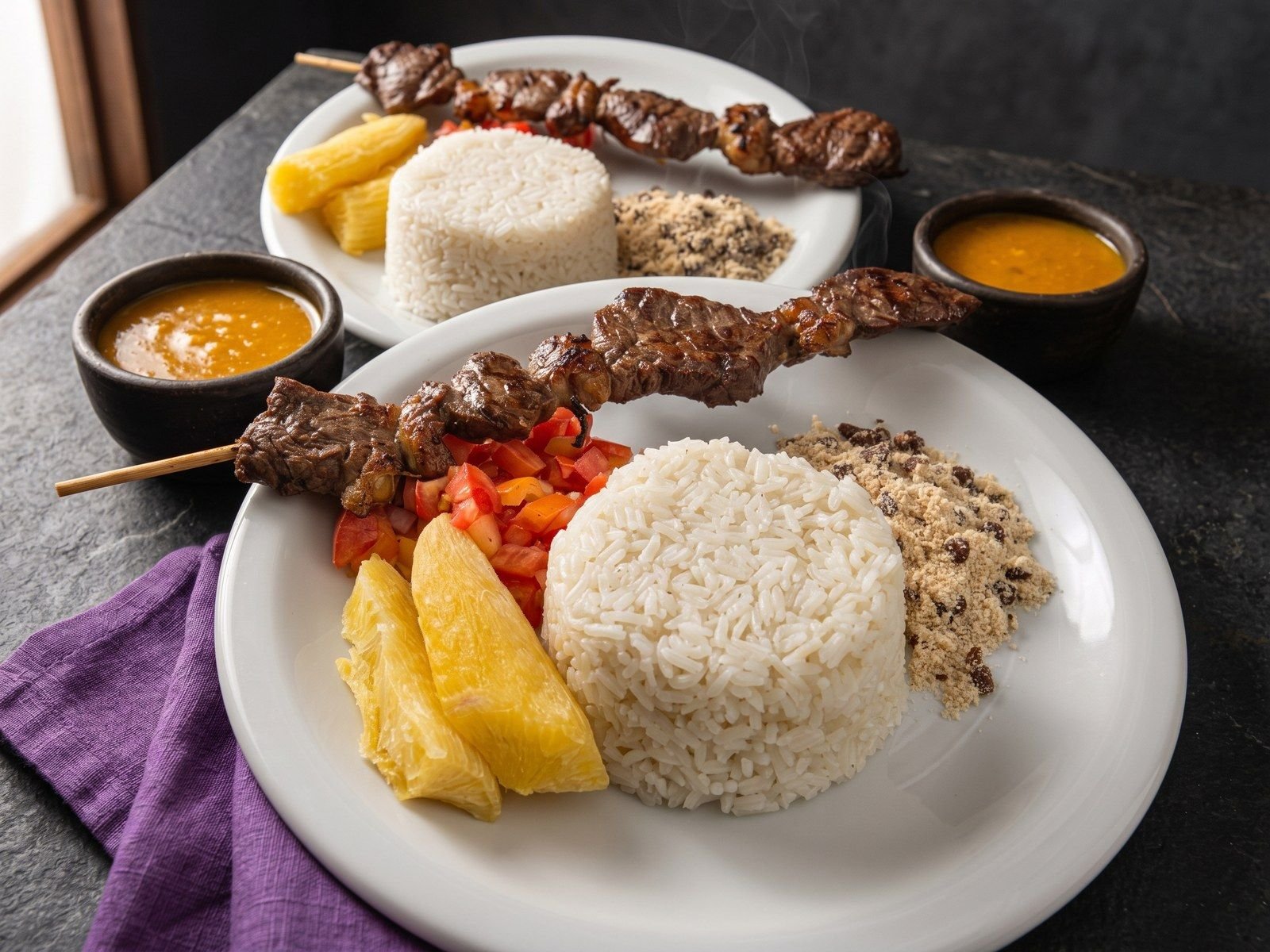 Brocheta de carne con arroz, mandioca, farofa y vinagreta
