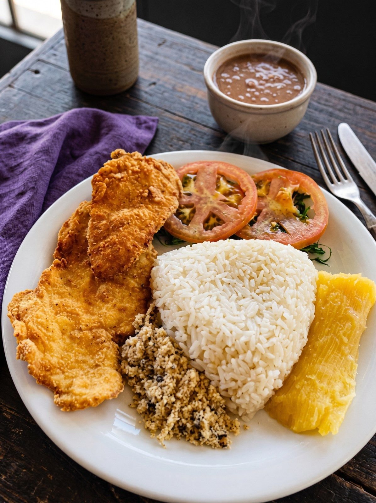 Plato de milanesa de pollo con arroz, farofa, mandioca y tomate